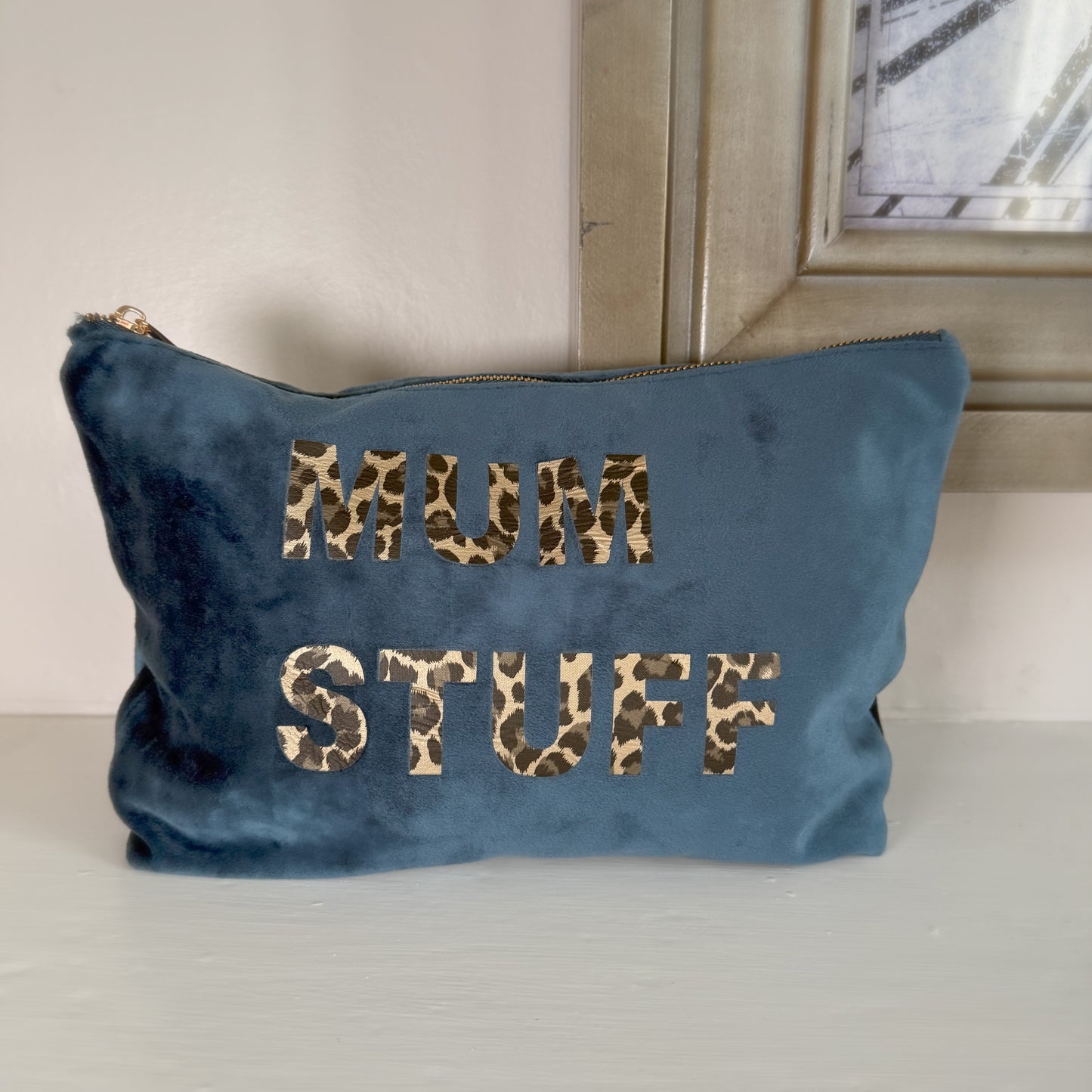 PERSONALISED MIDNIGHT BLUE VELVET POUCH WITH LEOPARD PRINT