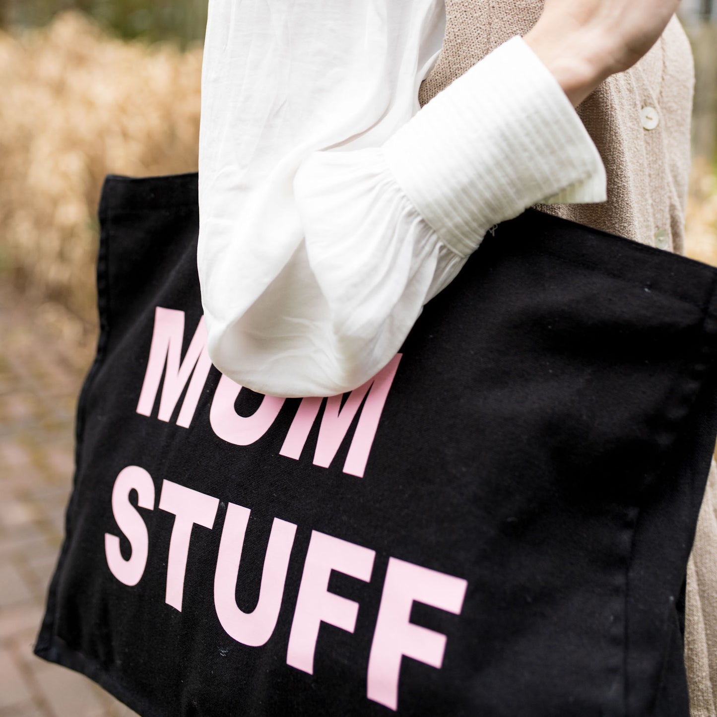 PERSONALISED BLACK TOTE WITH BABY PINK PRINT