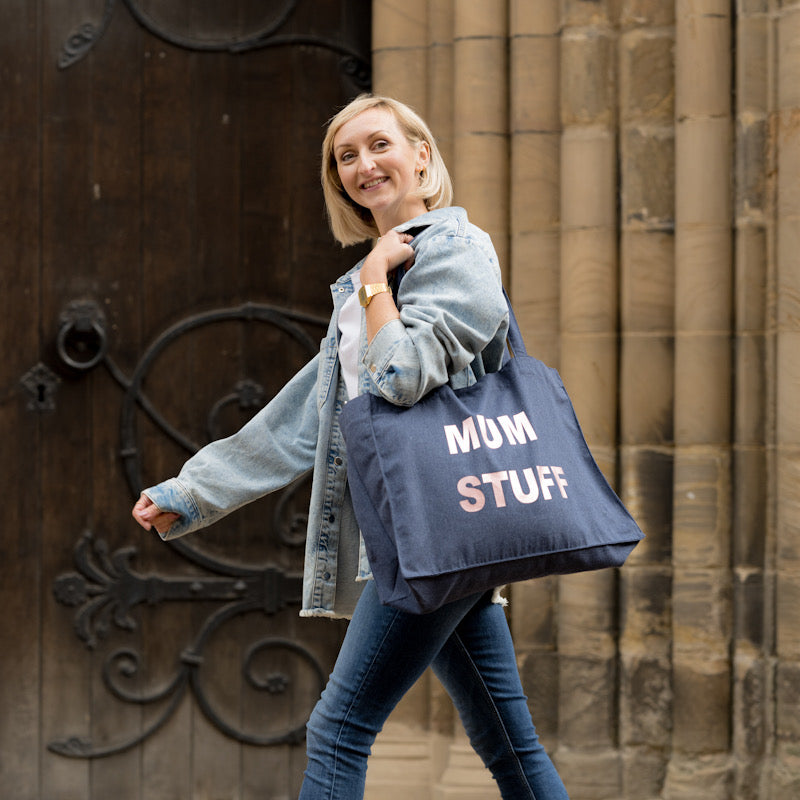 PERSONALISED DENIM BLUE TOTE WITH ROSE GOLD PRINT